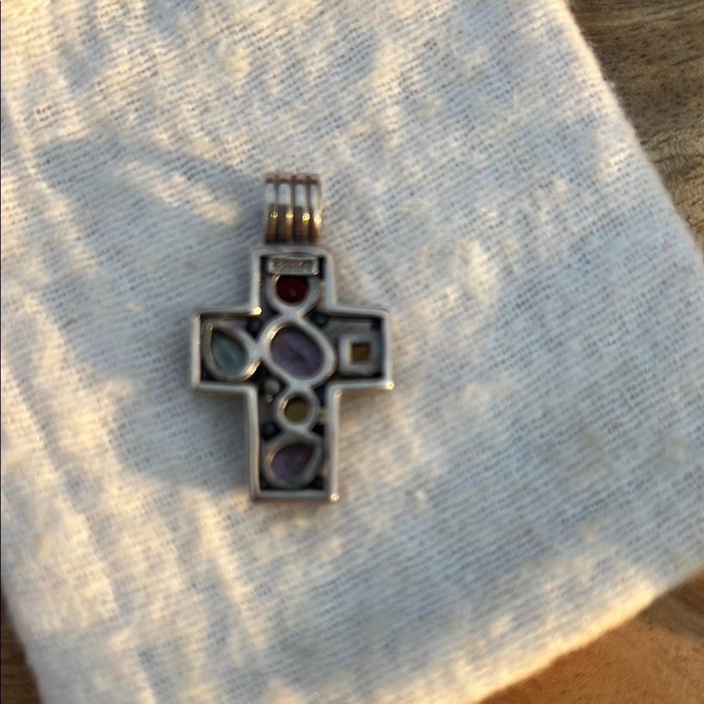 Multicolor Gemstone Silver Cross Pendant - image 2